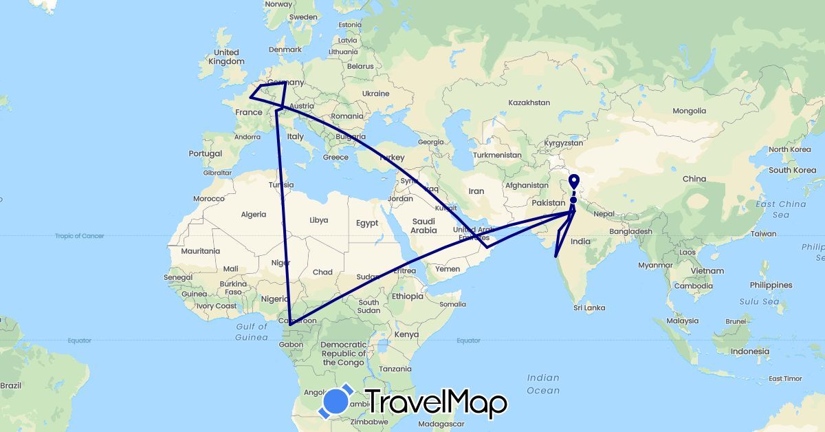 TravelMap itinerary: driving in Belgium, Switzerland, Cameroon, Germany, France, India, Liechtenstein, Oman (Africa, Asia, Europe)